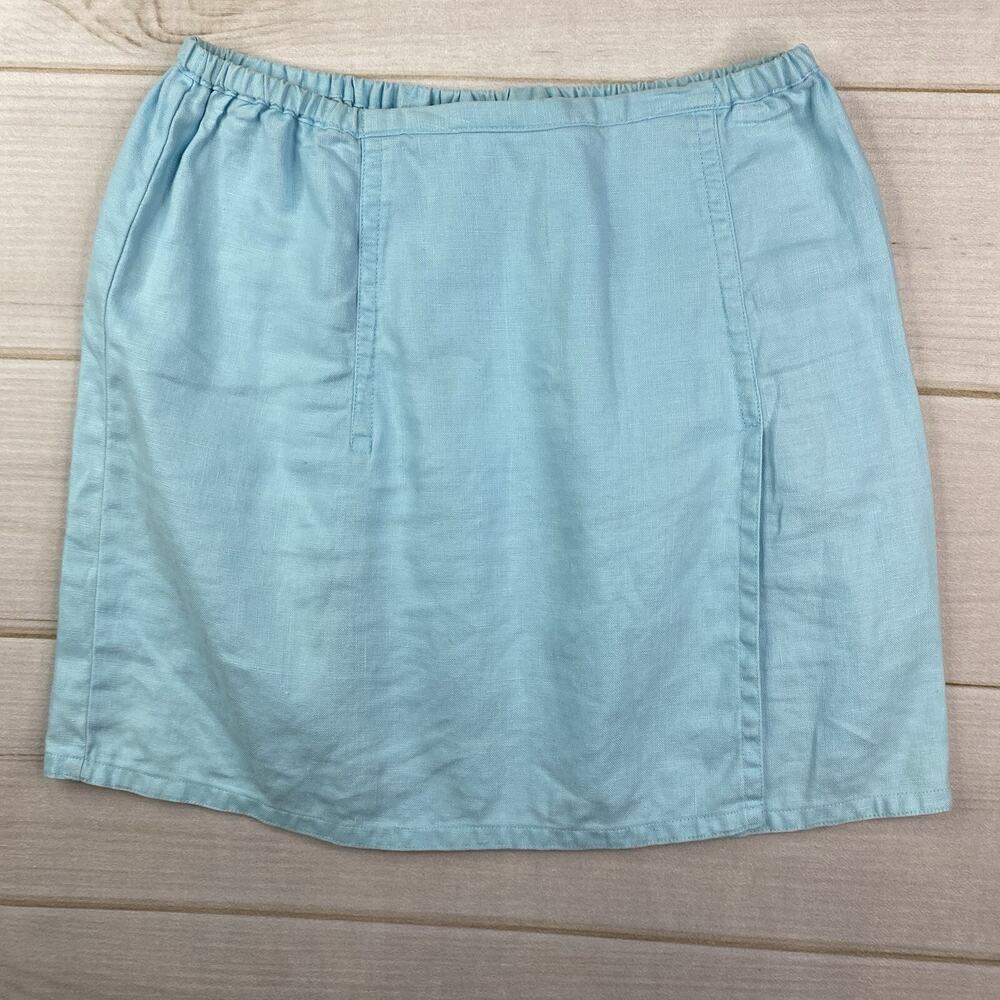 Eddie Bauer Skirt Womens 10 Petite Aqua Blue Linen Pull On Mini Front Slit Pleat
